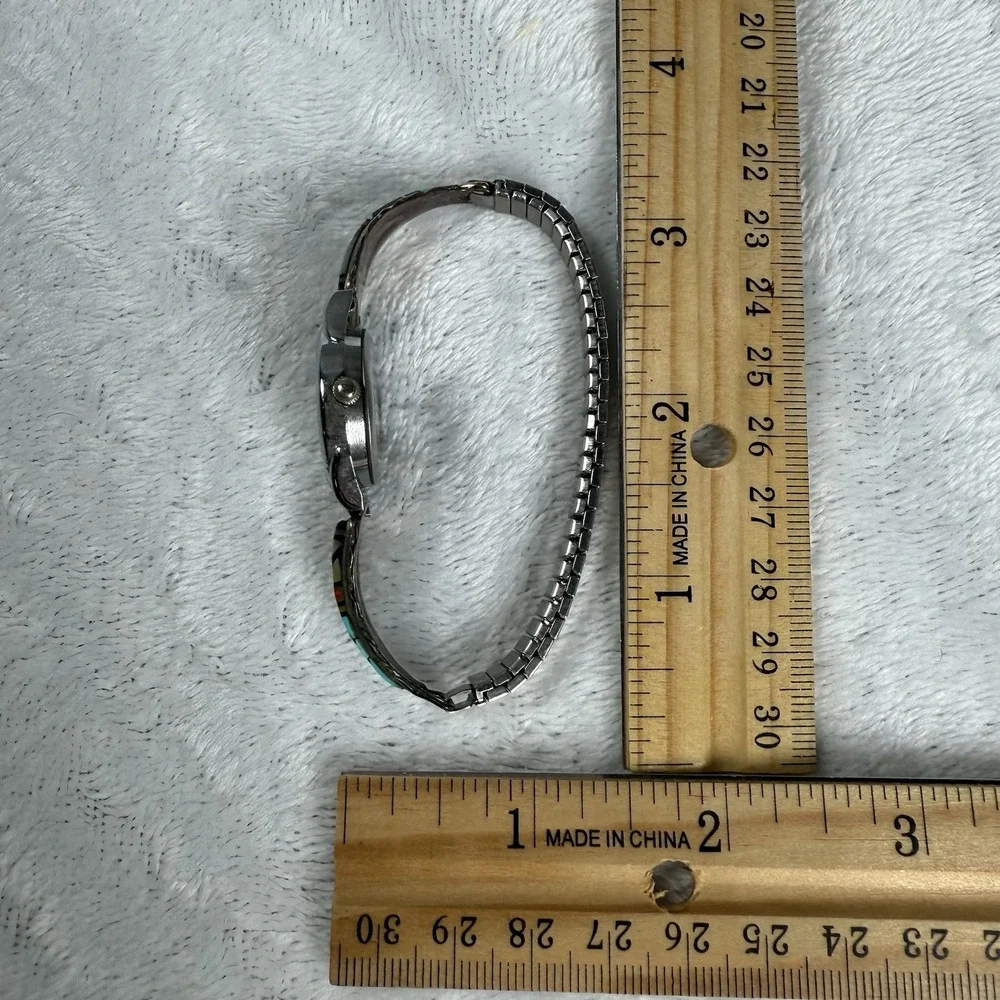 Vintage‎ Zuni Sterling Silver Multi Stone Inlaid Watchband by CM Booqua